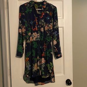 Floral and bird button down long sleeve collared dress